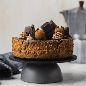 Delicious chocolate cake on a serving tray.