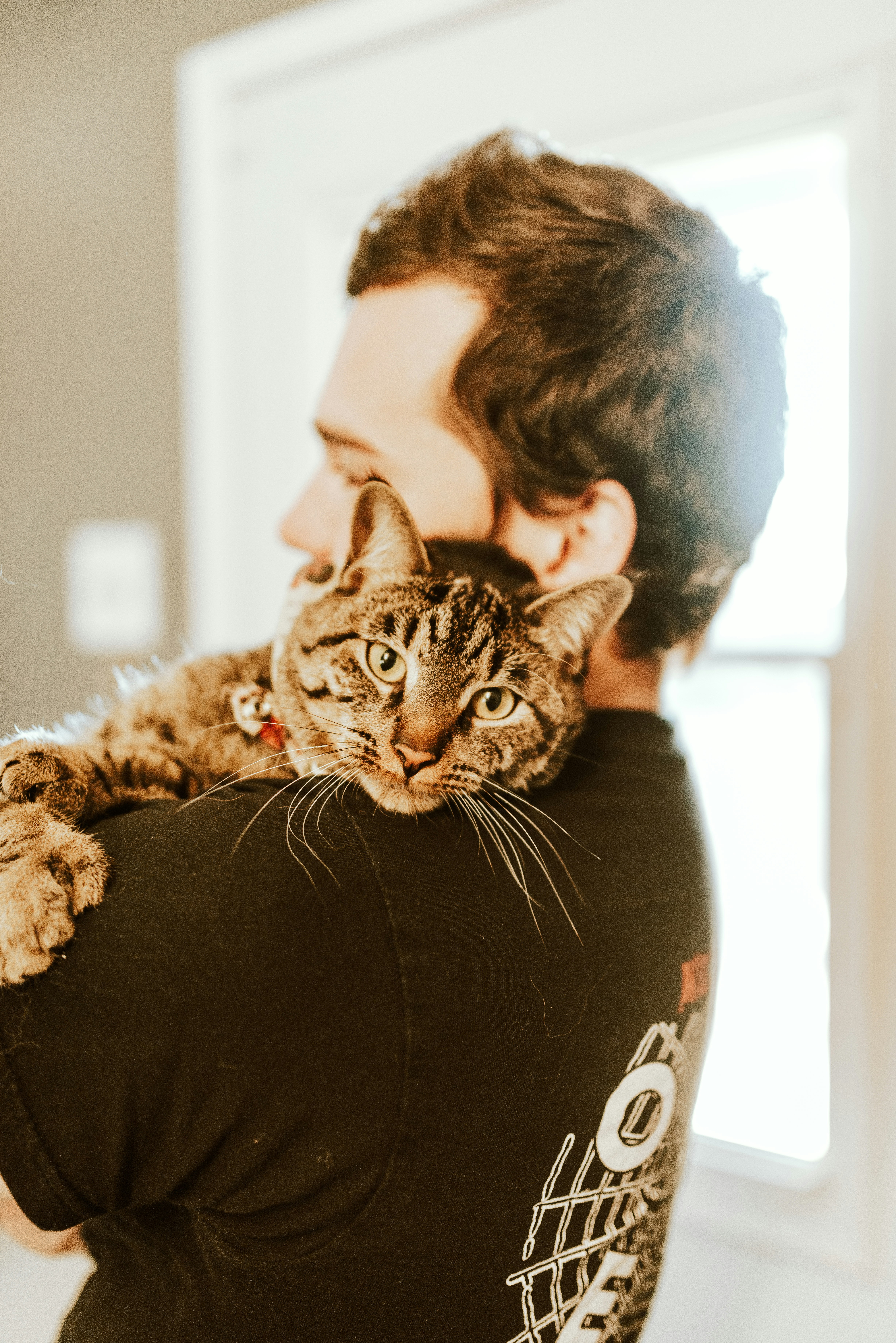 Man holding his cat over his shoulder to snuggle